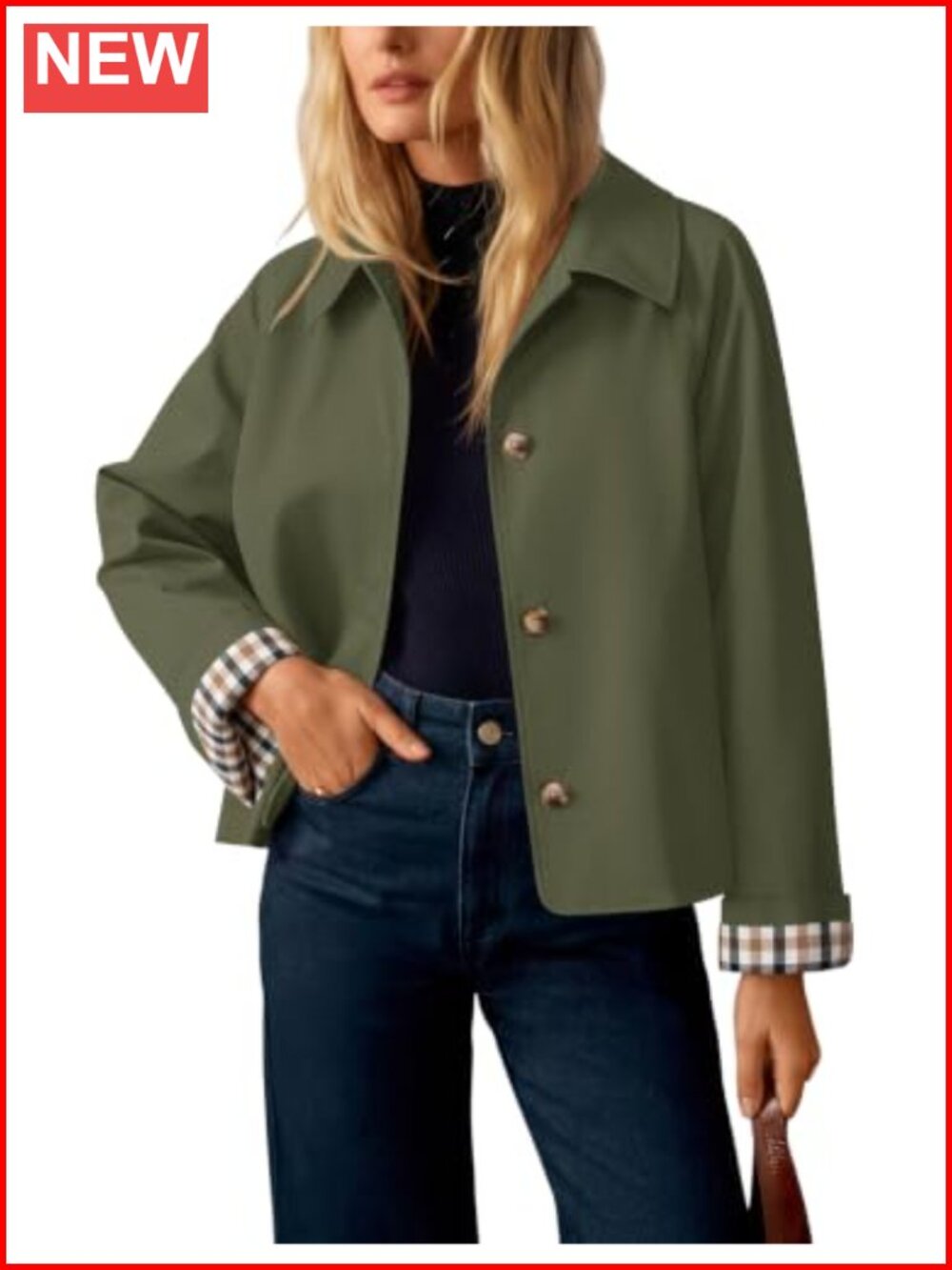 Cropped Trench Coat Plaid Button Front Fall Jacket Polyester Lightweight